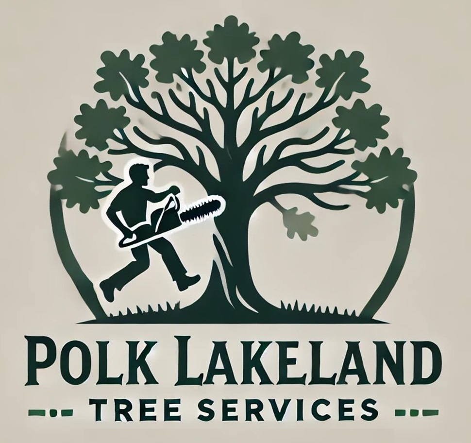 Polk Lakeland Tree Services logo featuring a silhouette of a tree service worker with a chainsaw next to an oak tree.
